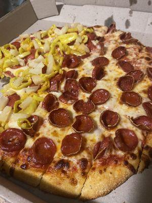 Light sauce, Pepperoni with half added pineapple and banana peppers