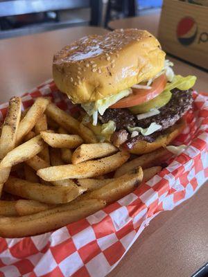 Bacon cheese Burger all the way please with there famous Cajun Fries!!!  Love it