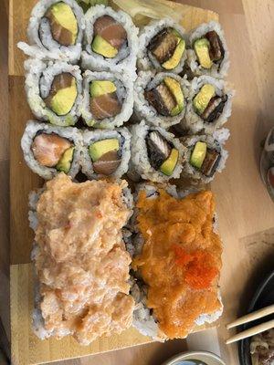 lobster salad california roll eel avocado  salmon avocado  spicy salmon california roll