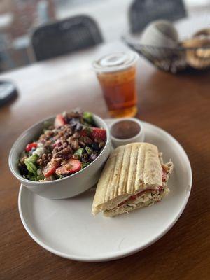 1/2 Strawberry salad and 1/2 pesto chicken sandwich