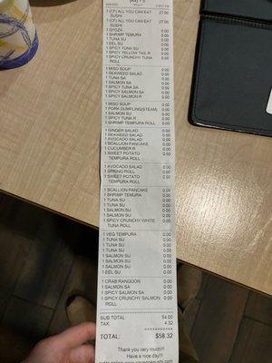 All You Can Eat receipt - woah!!