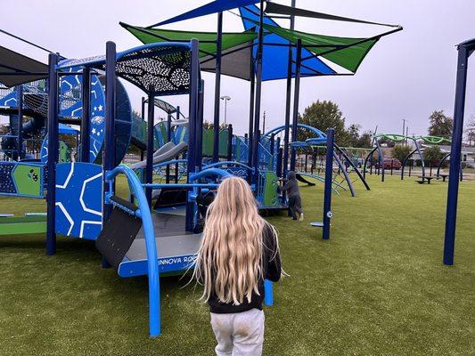 All new playground! With lots of accessible features. Not much for toddlers, if you have younger kids.