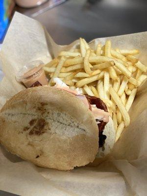 Dominican chimi with some fries.