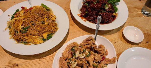 Singapore style noodles, Hunan Spicy Chili Chicken and Emperor's Beef