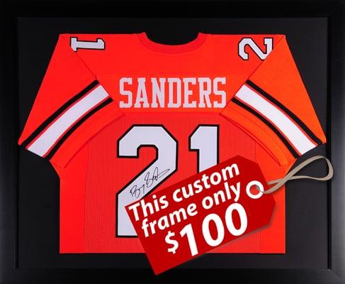 Only $100! Custom Frame your sports jersey today! Package includes: professionally framing in black wood molding, glass, and mount.