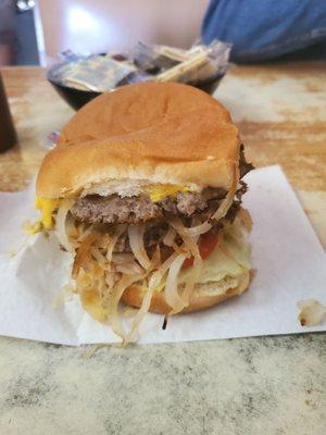 Double deluxe with fried onions.