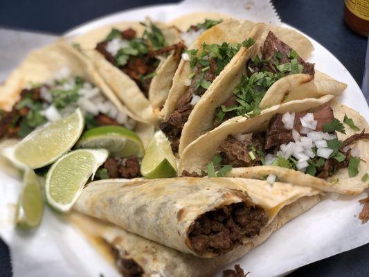 beef quesadilla, bbq tacos (beef and pork)