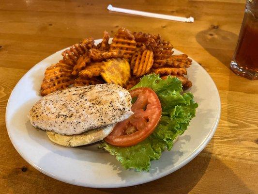 Grilled chicken sandwich and sweet potato fries