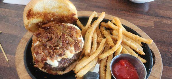 Goat cheese with onion jam burger house fries