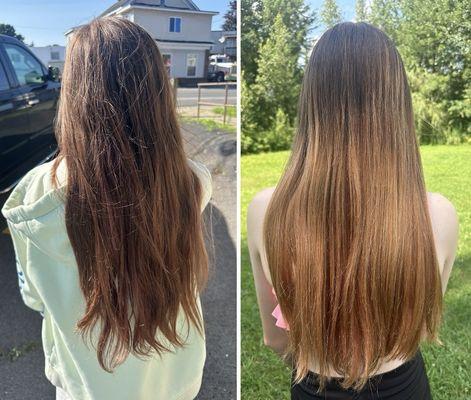 Before and after picture of my daughter's hair. Looks like she got a deep conditioning.