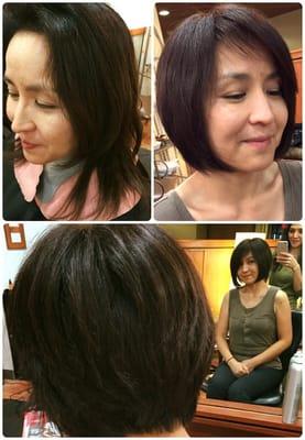 Layer shaggy Style transformed to A-like gradation Bob. Cut & Style by Miyako