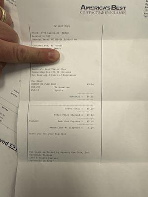 Receipt showing I shouldve had free eye exam with both frames I brought in