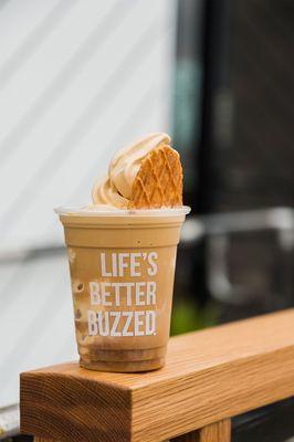 Cold Brew Float made with single origin cold brew + Best Drink Ever® soft serve& topped with a butter waffle cookie!