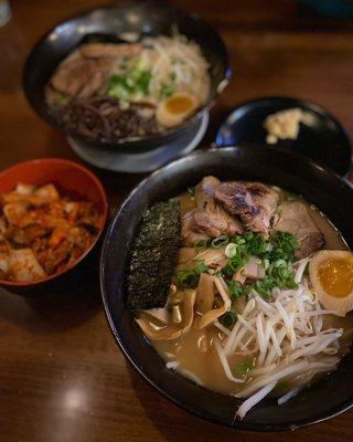 Pork Shoyu Ramen (front), Original Pork Ramen (back), Kimchi, and crushed garlic on the side