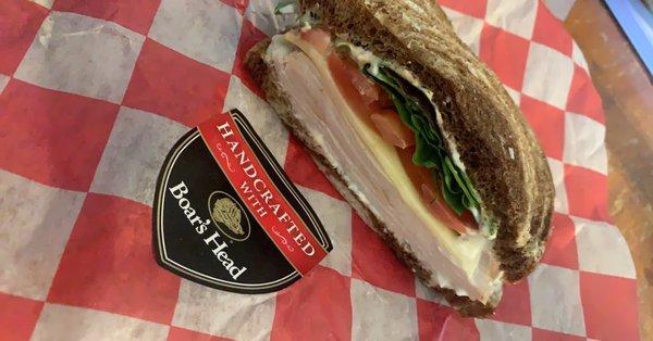 Turkey club on marbled rye.