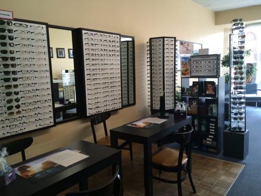 A whole wall of eyeglass frames