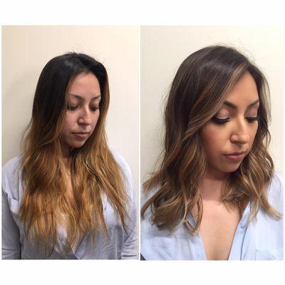 Before and after of a balayage ombré