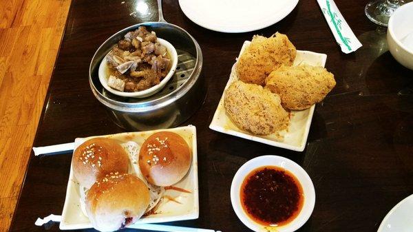 Dim sum--pork riblets, deep fried taro and baked char sui buns