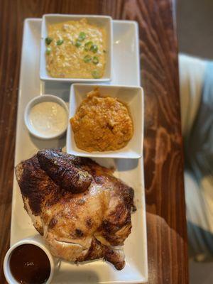 House Rub Rotisserie Chicken -$21.95 -Sides: Mashed Sweet Potatoes (Seasonal), Roasted Corn Grits