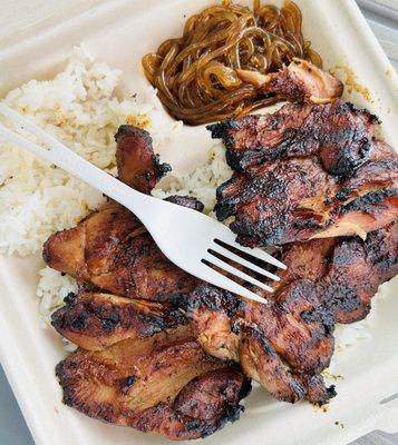 Bbq chicken, long noodles and rice