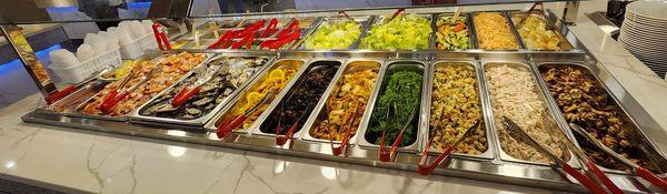 Salad bar and various cold seafood