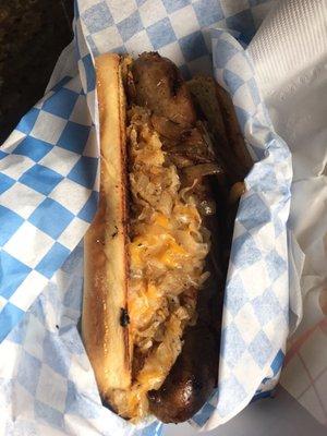 Garlic Brat w/sauerkraut & cheese