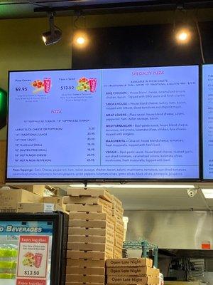 Menu of speciality pizzas