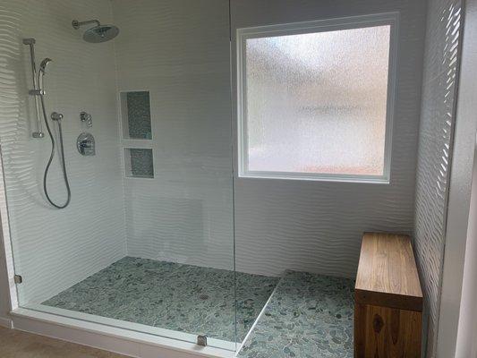 80"x62" shower glass panel installed by McCauley Glass.