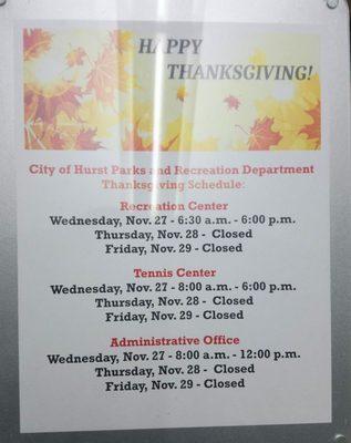 2019 Thanksgiving schedule