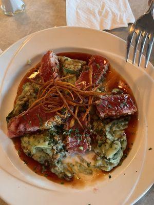 Seared Tuna, spinach wasabi mashed potatoes. Took a bite before picture. This was amazing!!!!