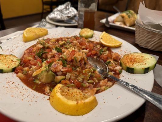 Shrimp ceviche.  Yum!!  Fresh, flavorful, and a hint of spice.  Served with tostada and crackers.