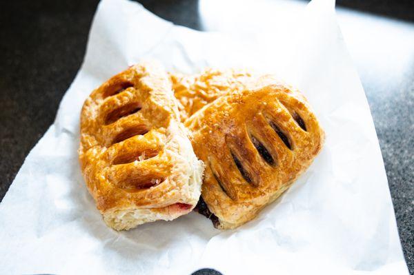 Fruit filled croissants - cream cheese, strawberry cream cheese, blueberry cream cheese, and chocolate.