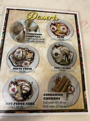 Deserts menu