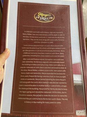 History of the restaurant on back of menu