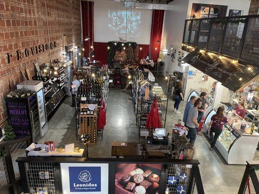 Looking down from the loft on the store and cafe counter