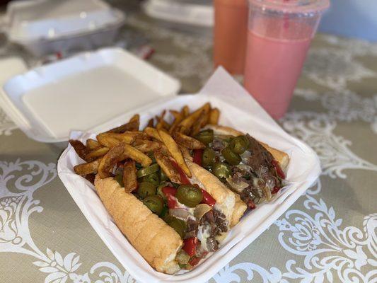 Philly cheese steak with fries & jalapeños