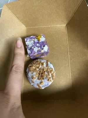 Halo halo fudge & ube coconut donut (no!). $6 total. Get the fudge and skip the donut. I pay less than $3 for a full sized gourmet donut!