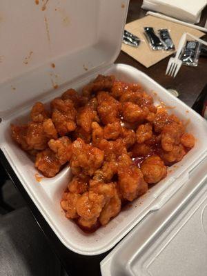 Honey chicken. I thought it was sweet and sour at first, but was told by family that this is how the honey chicken is made.