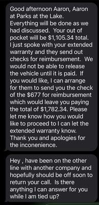 This is the text from Aaron Ford and myself after price changing and now saying he can't release my truck until it's paid in full