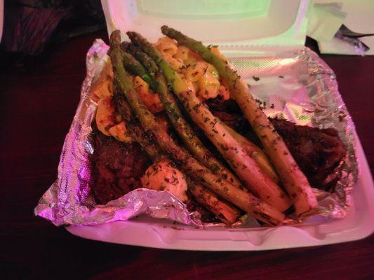 Marinated Steak with Mac &  Cheese and Asparagus