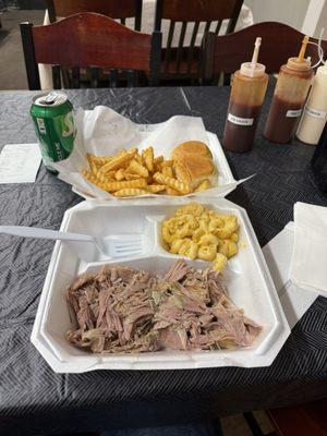 Pulled pork, fries, rolls, and Mac & cheese. Delicious!