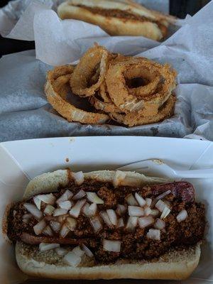 Chili dog, onion rings, and super sausage