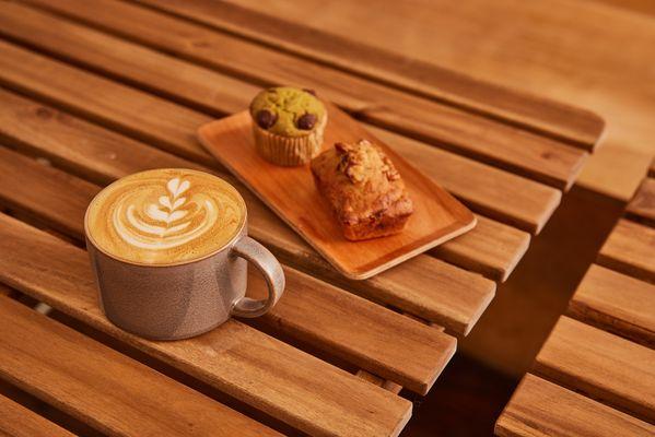 Latte, Matcha muffin, Vegan banana bread