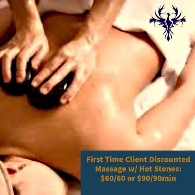 First Time Client Discounted Massage $60/60 or $85/90 with Free Hot Stones