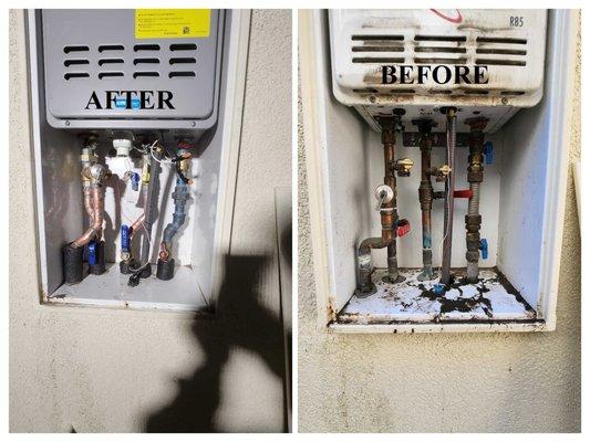 Replacement of a tankless water heater.