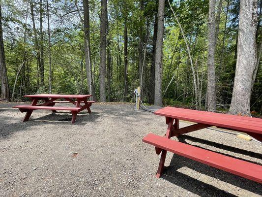 Ample seating. Shady by the trees. Also some umbrella tables.