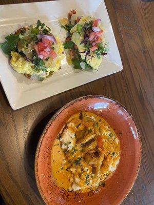 Avocado toast and charleston shrimp and grits