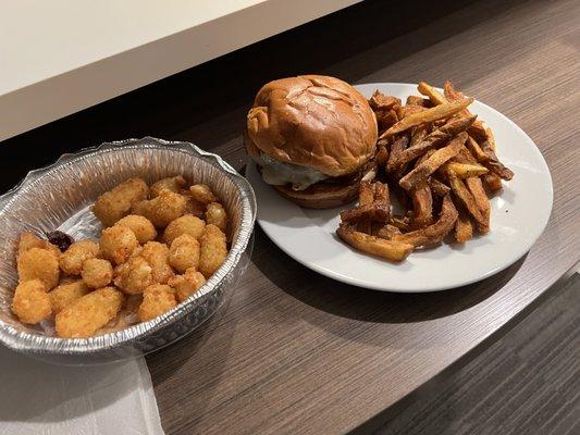 cheese curds, burger, and fries ordered to-go