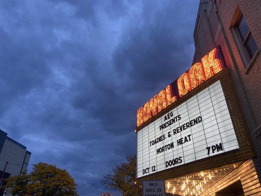 Royal Oak Music Theater billboard with The Toadies and Reverend Horton Heat. Nashville Pussy was the opening band that evening as well.