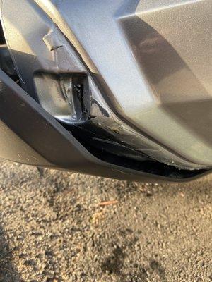 Paint and glue damage to the bumper from the dealship trying to cover it up